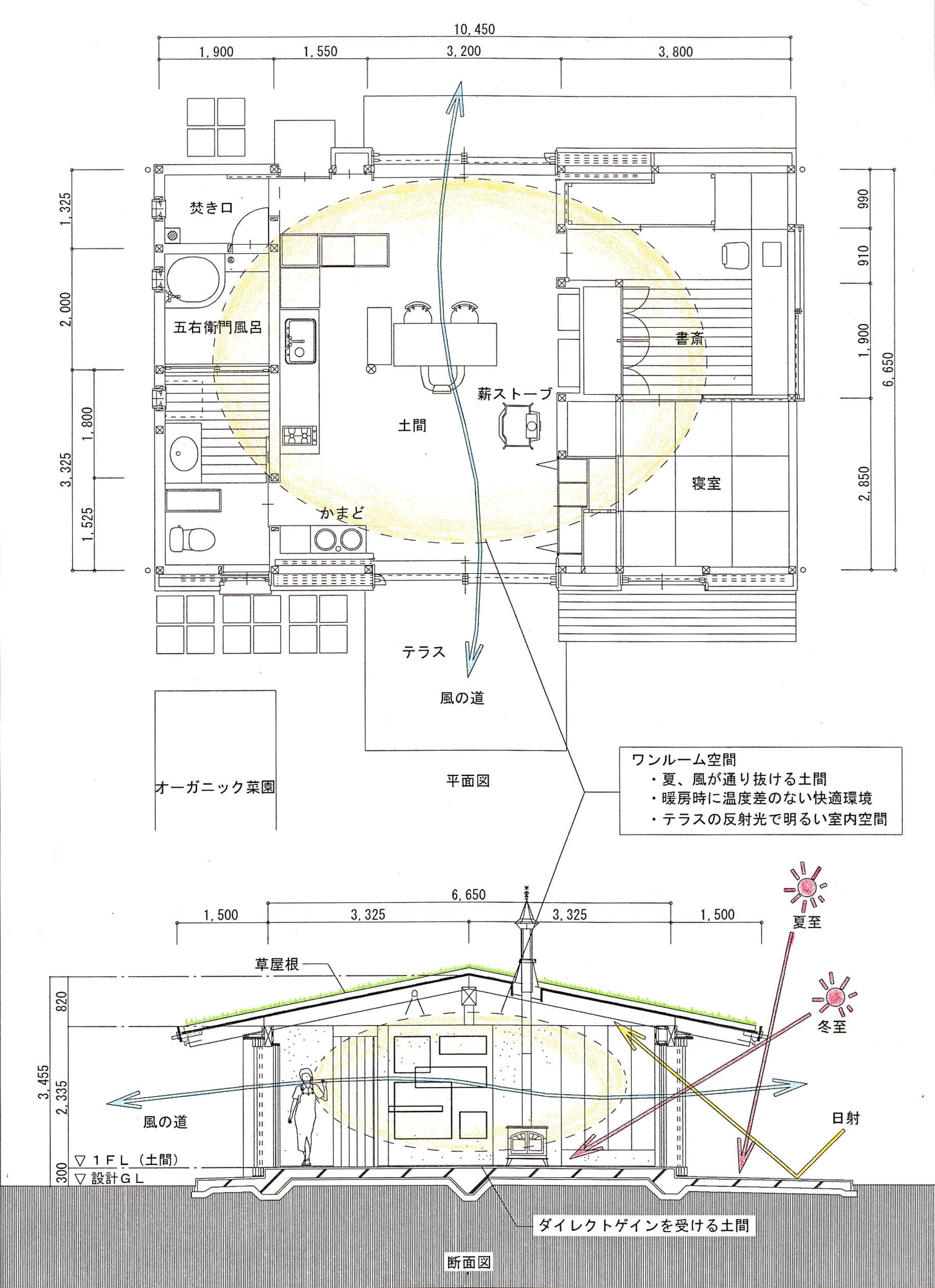 slowhouse：谷風の通り道となるように土間の南北に開口建具を設けたワンルーム住居