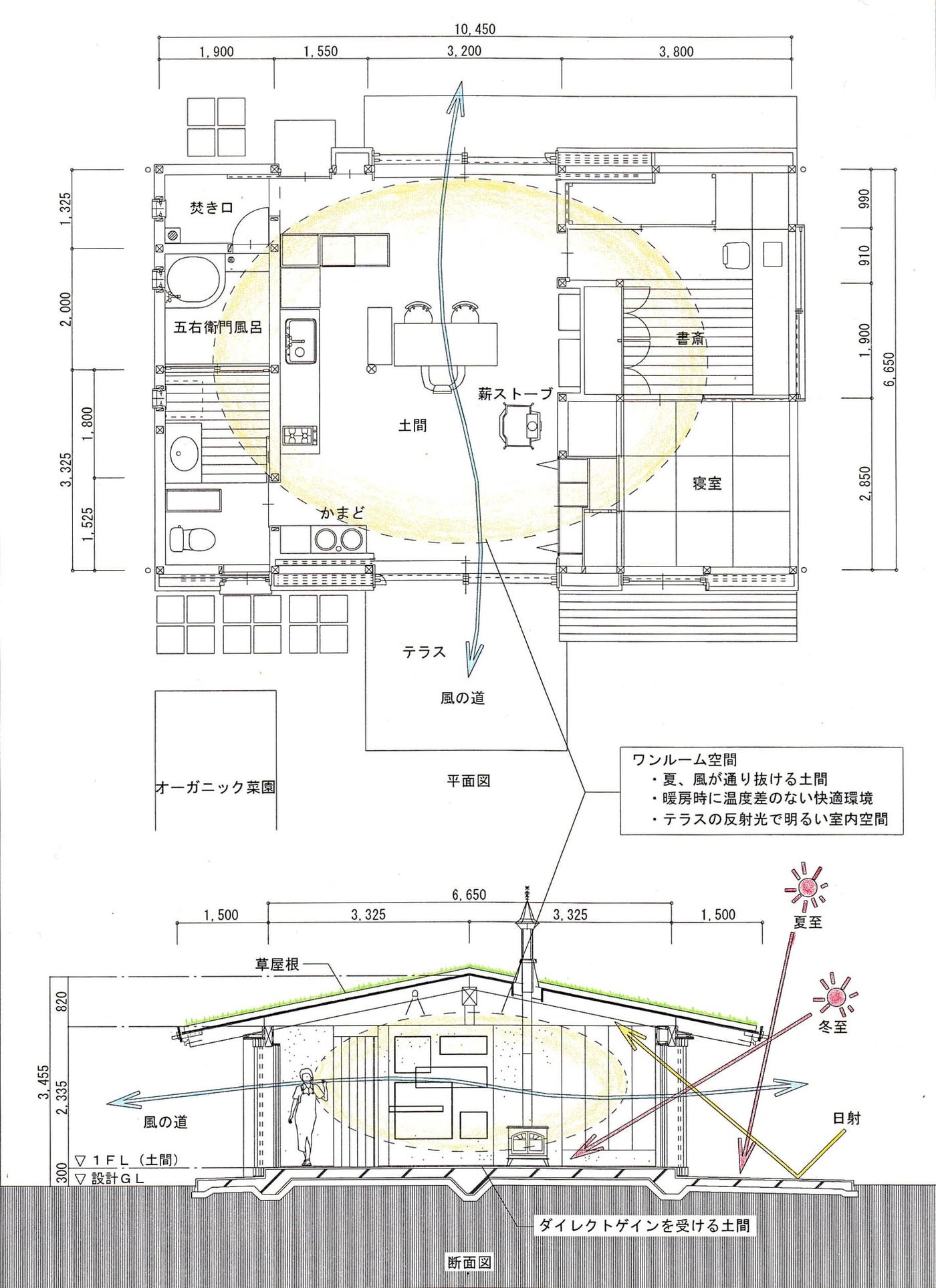 slowhouse:谷風の通り道となるように土間の南北に開口建具を設けたワンルーム住居